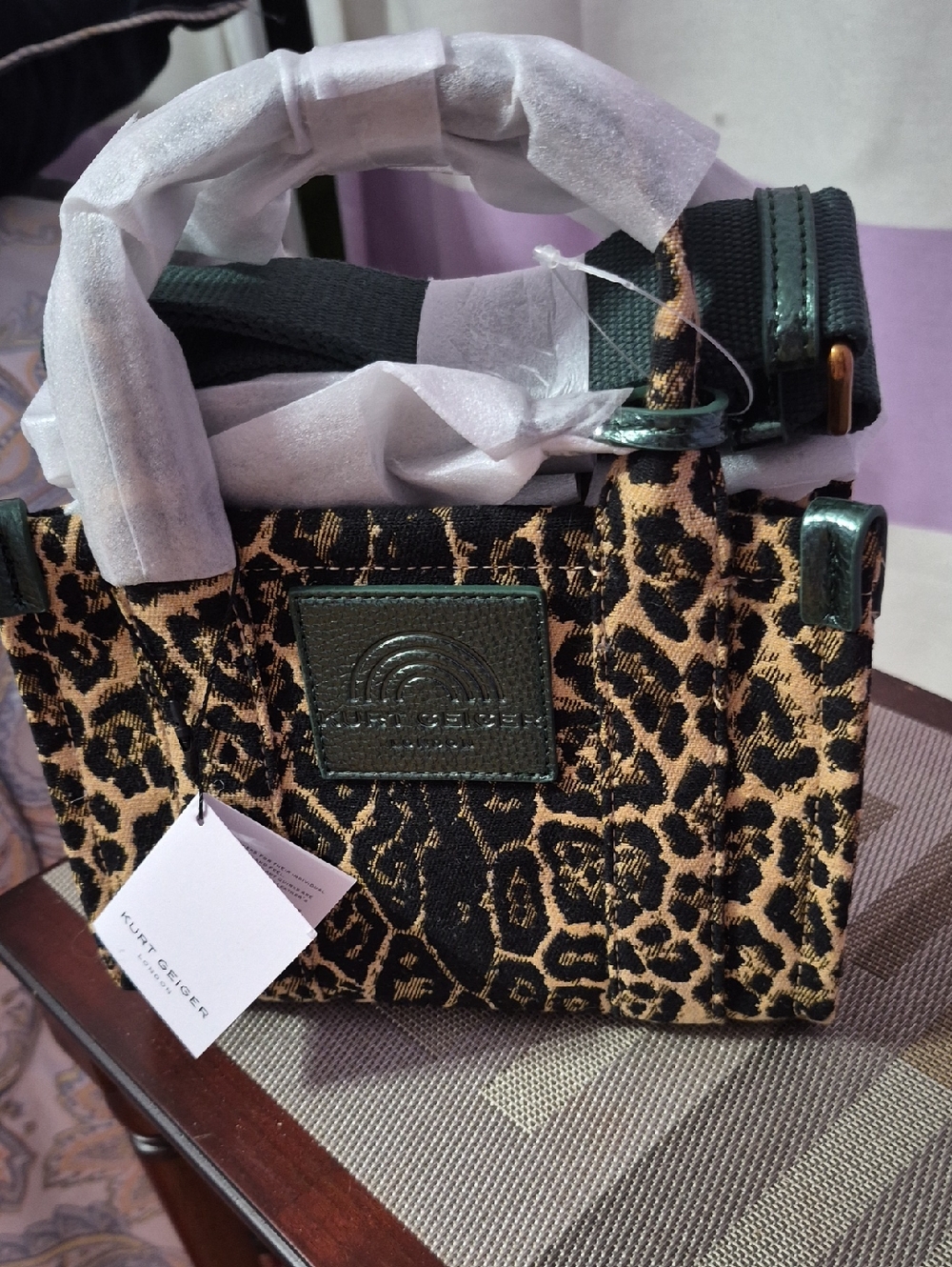 Kurt Geiger Leopard Print Satchel with Dark Green Trim